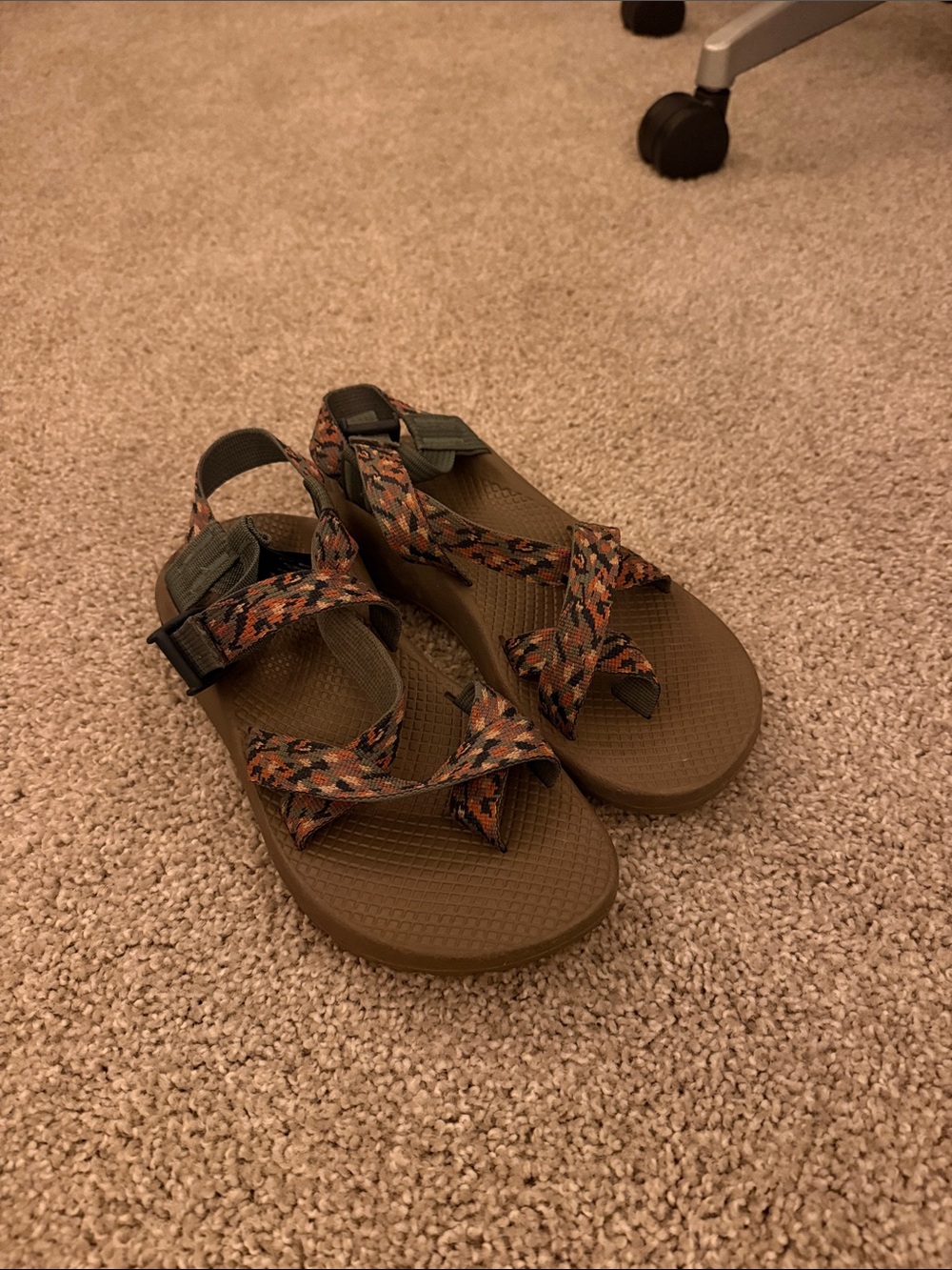 Chaco Sandals with Brown Sole and Orange and Black Patterned Straps